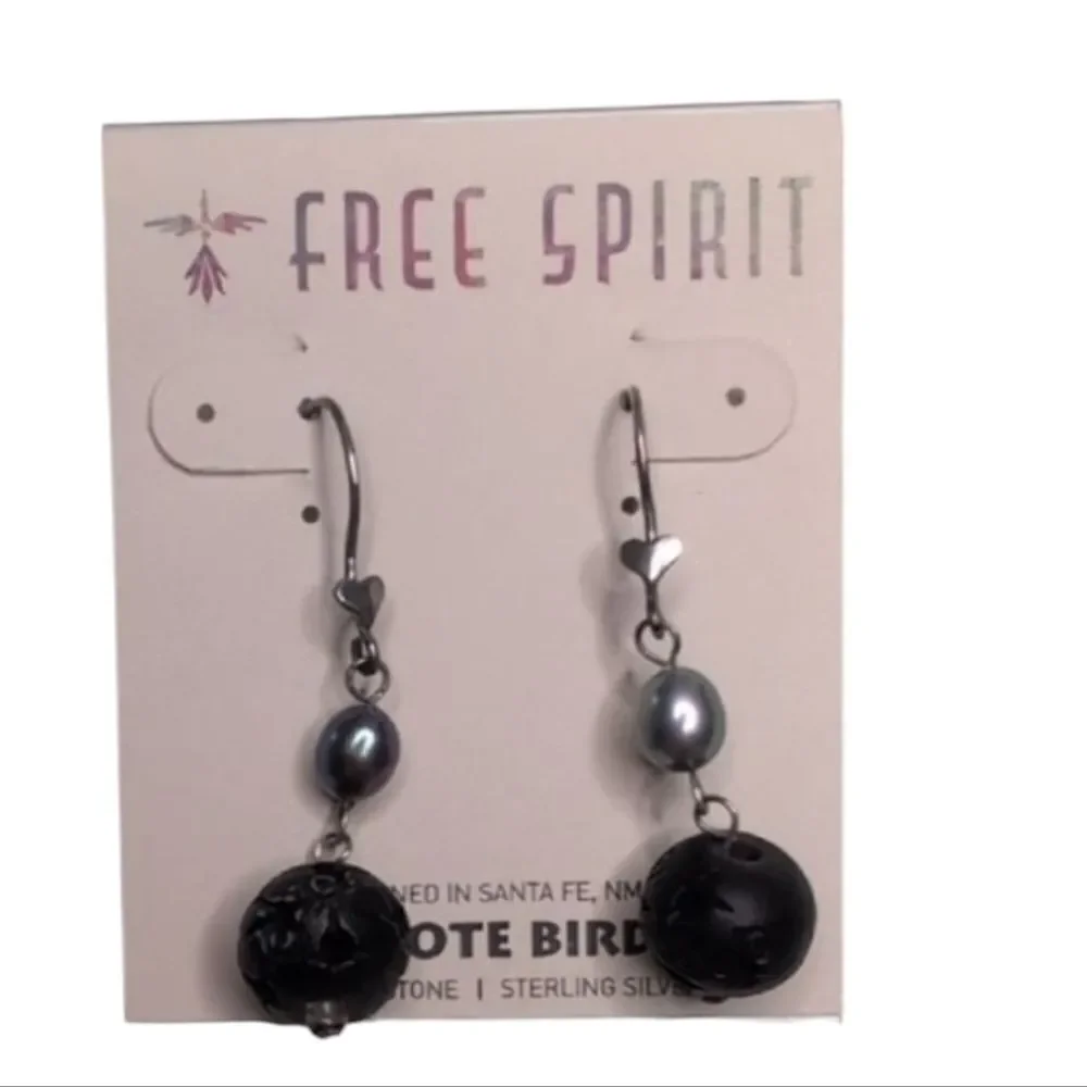 NWT Peyote Bird Freshwater Pearl Carved Wood Sterling Silver Dangle Earrings